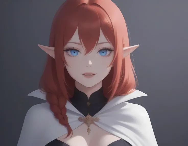 a portrait of a female elf vampire traveling on the forest road, an exquisite beautiful female elf (ultra details, Masterpiece, best quality), red hair, small pointed ears, pale skin, long hair, blue eyes, smirking, wearing dark black silk dress, intricate...