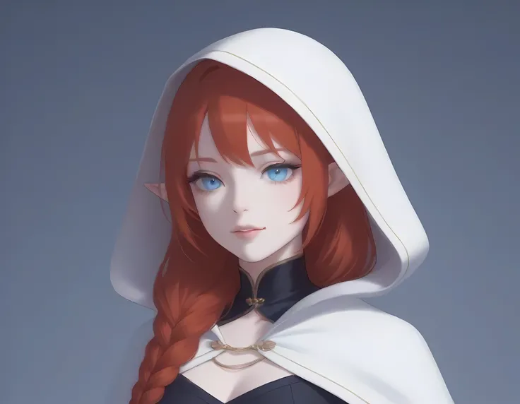 a portrait of a female elf vampire traveling on the forest road, an exquisite beautiful female elf (ultra details, Masterpiece, best quality), red hair, small pointed ears, pale skin, long hair, blue eyes, smirking, wearing dark black silk dress, intricate...