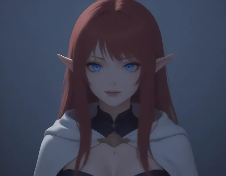 a portrait of a female elf vampire traveling on the forest road, an exquisite beautiful female elf (ultra details, Masterpiece, best quality), red hair, small pointed ears, pale skin, long hair, blue eyes, smirking, wearing dark black silk dress, intricate...