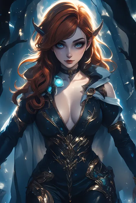 a portrait of a female elf vampire traveling on the forest road, an exquisite beautiful female elf (ultra details, Masterpiece, best quality), red hair, small pointed ears, pale skin, long hair, blue eyes, smirking, wearing dark black silk dress, intricate...