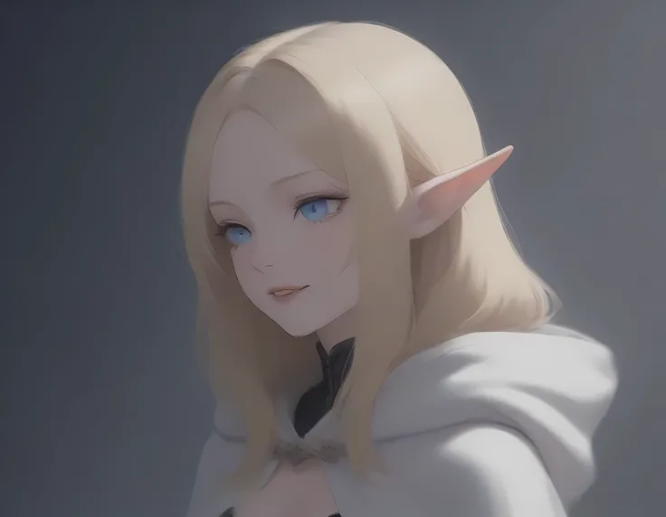 a portrait of a female elf vampire traveling on the forest road, an exquisite beautiful female elf (ultra details, Masterpiece, best quality), blond hair, small pointed ears, pale skin, long hair, blue eyes, smirking, vampire fangs, wearing dark black silk...