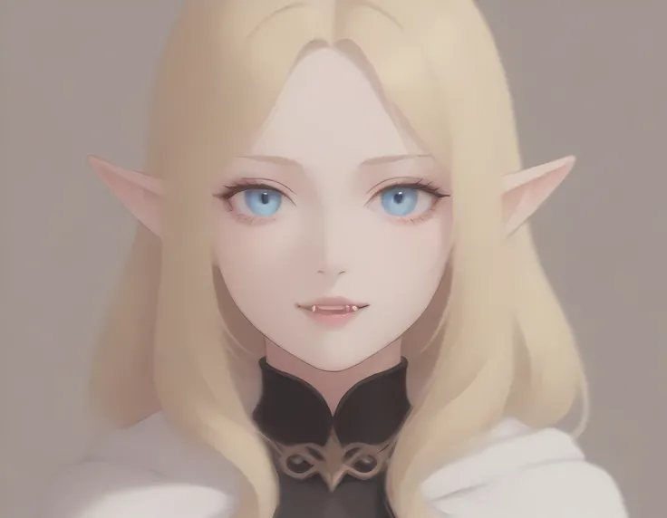 a portrait of a female elf vampire traveling on the forest road, an exquisite beautiful female elf (ultra details, Masterpiece, best quality), blond hair, small pointed ears, pale skin, long hair, blue eyes, smirking, vampire fangs, wearing dark black silk...