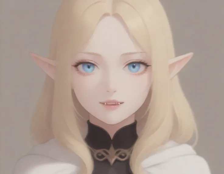 a portrait of a female elf vampire traveling on the forest road, an exquisite beautiful female elf (ultra details, Masterpiece, best quality), blond hair, small pointed ears, pale skin, long hair, blue eyes, smirking, vampire fangs, wearing dark black silk...