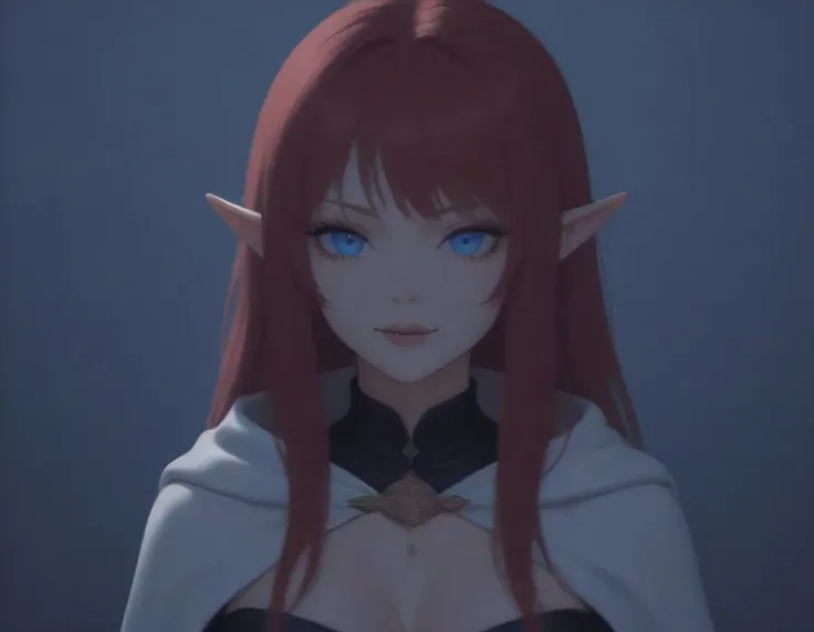 a portrait of a female elf vampire traveling on the forest road, an exquisite beautiful female elf (ultra details, Masterpiece, best quality), red hair, small pointed ears, pale skin, long hair, blue eyes, smirking, wearing dark black silk dress, intricate...