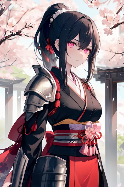 masterpiece, best quality, very aesthetic,
very detailed,
30 year old woman,
Beautiful black Long Ponytail Hair,
Beautiful Fresh Pink Eyes, 
Serious expression,
Black and White armor kimono,
full bloom sakura scenery,