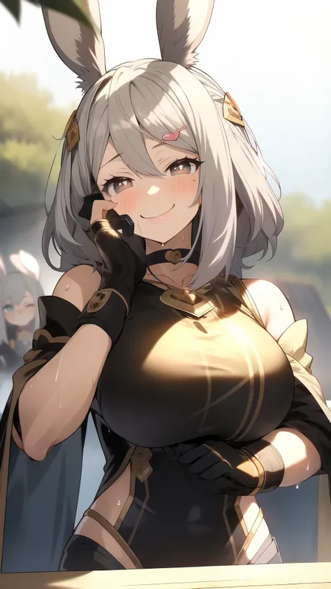 1 Viera girl ,((smile:1.1)), naughty face on wet vagina,heart-shaped pupils,nail,  hands on own face,Gray Hair,紫色の目,(( shading face)),(:1.4), choker, upper body, shaking,sweat,sweatdrop,heart,( is crazy:1.1),( speedline), ( ahehe),  medium boobs , ((  heav...