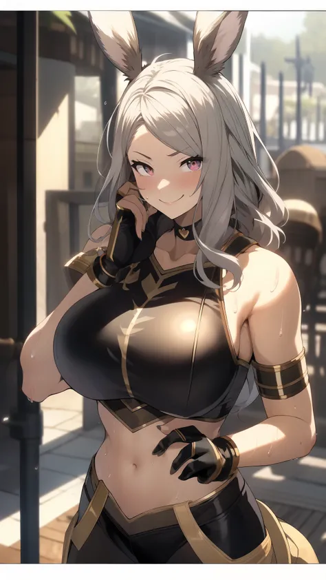 1 Viera girl ,((smile:1.1)), naughty face on wet vagina,heart-shaped pupils,nail,  hands on own face,Gray Hair,紫色の目,(( shading face)),(:1.4), choker, upper body, shaking,sweat,sweatdrop,heart,( is crazy:1.1),( speedline), ( ahehe),  medium boobs , ((  heav...