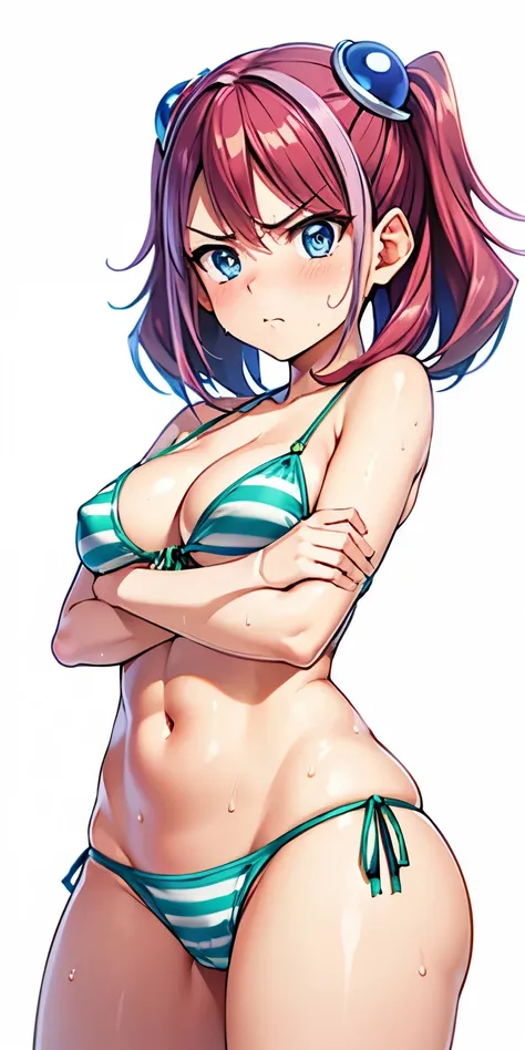 1 Female,High definition,high resolution,Ultra-realistic,8K,hy1, hair ornament, multicolored hair, blue eyes, striped bikini, green bikini,European,sexy,Photographed from the front,Dynamic Angles,blush, (medium tits),(cleavage),cute face, facial, sweat, pe...