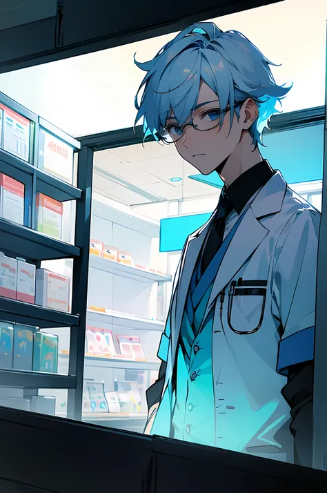  short hair under the eaves of the store　 (((male)))　doctor　Glasses　White　hospital character in the foreground　 upper body　 Blue bell hair color　