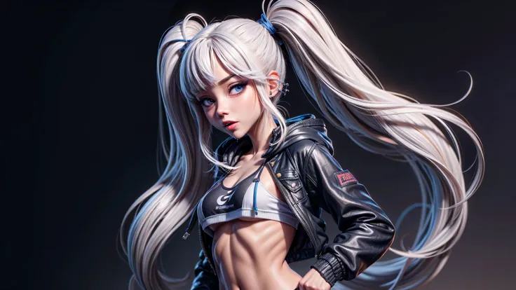 1girl, solo, long hair, open hoodie, white hoodie, midriff, looking at viewer, sexy, pants low on hips, ((unbuttoned pants)), cowboy shot, (full body portrait), black hair, hip-hop, lips, sexy mouth, ribbon, hair ribbon, bangs, upper body, part side up, bl...