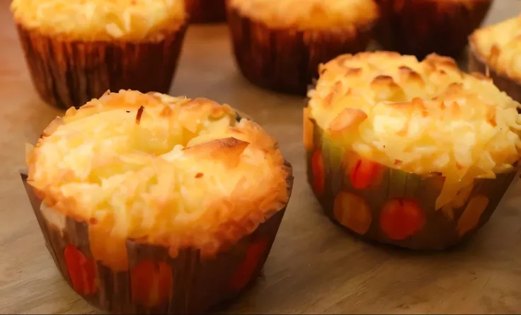 An image of a coconut bombocado, with a golden and slightly crispy surface, and a soft and moist interior. The bombocado should be perfectly unmolded, with pieces of grated coconut visible on the surface. The photo should have a light and soft background, ...