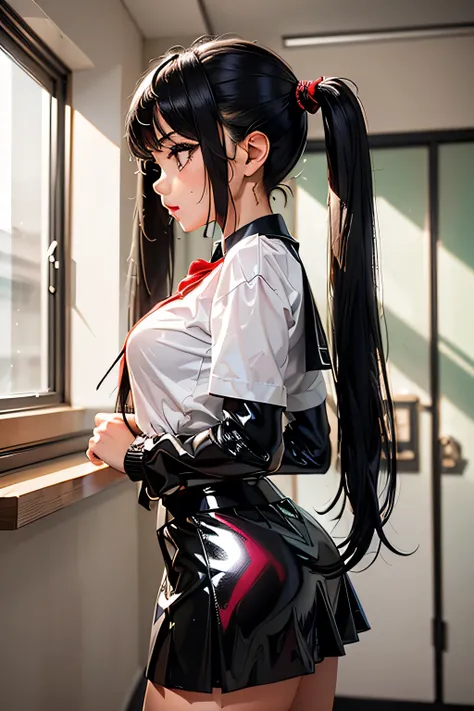  top quality, highest resolution,((( Twin Tails　metallic shiny latex red and black school uniform　 Shiny Black Hair　 skirt　 girl　sweat)))