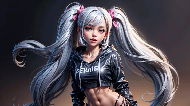 1girl, solo, long hair, open hoodie, white hoodie, midriff, looking at viewer, sexy, pants low on hips, ((unbuttoned pants)), cowboy shot, (full body portrait), black hair, hip-hop, lips, sexy mouth, ribbon, hair ribbon, bangs, upper body, part side up, bl...