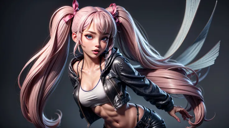 1girl, solo, long hair, open hoodie, white hoodie, midriff, looking at viewer, sexy, pants low on hips, ((unbuttoned pants)), cowboy shot, (full body portrait), black hair, hip-hop, lips, sexy mouth, ribbon, hair ribbon, bangs, upper body, part side up, bl...