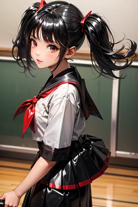  top quality, highest resolution,((( Twin Tails　metallic shiny latex red and black school uniform　 Shiny Black Hair　 skirt　 girl　sweat)))