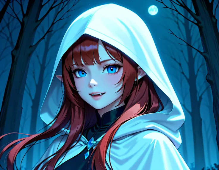 a portrait of a female elf vampire traveling on the forest road, an exquisite beautiful female elf (ultra details, Masterpiece, best quality), red hair, small pointed ears, pale skin, long hair, blue eyes, smirking, wearing dark black silk dress, intricate...