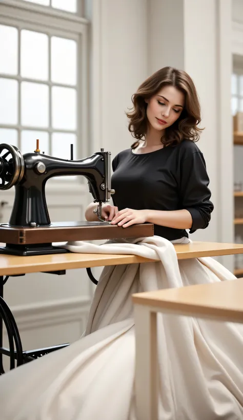 (19th century era),(far distance angle), A hyper-realistic scenery image shot of a 19th century beautifully female tailor knitting cloth on a sewing machine, a tailor. The beautifully tailor is depicted in a full body angle view, showcasing her lively, lus...