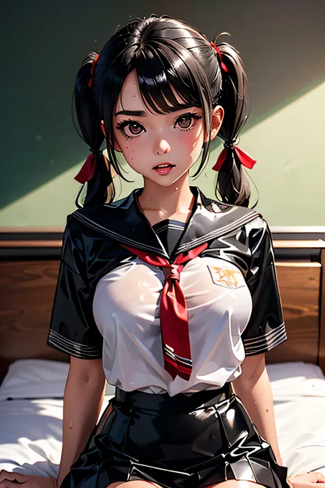  top quality, highest resolution,((( Twin Tails　metallic shiny latex red and black school uniform　 Shiny Black Hair　 skirt　 girl　sweat)))　 on the bed 