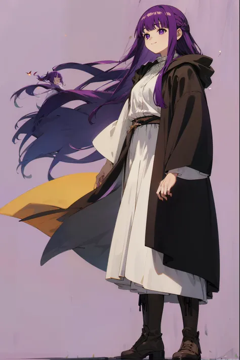  best image quality、 highest resolution、formula wallpaper、 simple background、 full body portrait、
 one girl、Fern, ( purple hair、 white shirt 、Black Robe、 brown boots ), 
 standing、 hair fluttering in the wind 、smile、