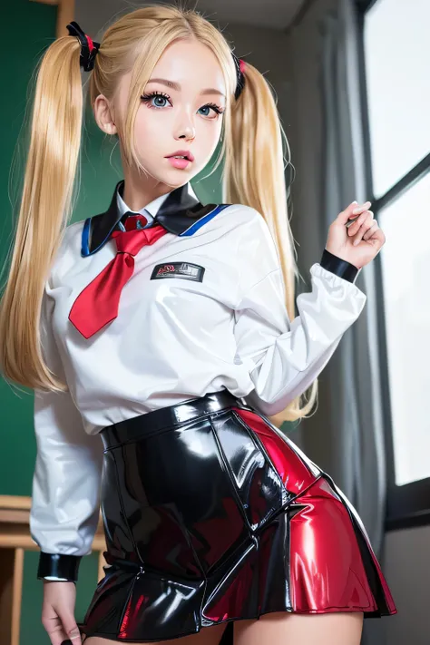  top quality, highest resolution,((( Twin Tails　metallic shiny latex red and black school uniform　Shiny Blonde　 shiny skin　blue eyes　 skirt　 girl　sweat)))