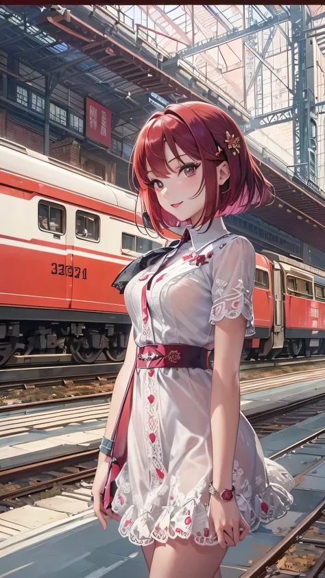 masterpiece,  top quality,  illustration of a train,  Super Detail,  fine detail,  high resolution,  8k wallpaper,  perfect dynamic composition,  beautiful detailed eyes, red dress women's fashion summer, maroon hair、 short bob, natural color lips,  bold s...