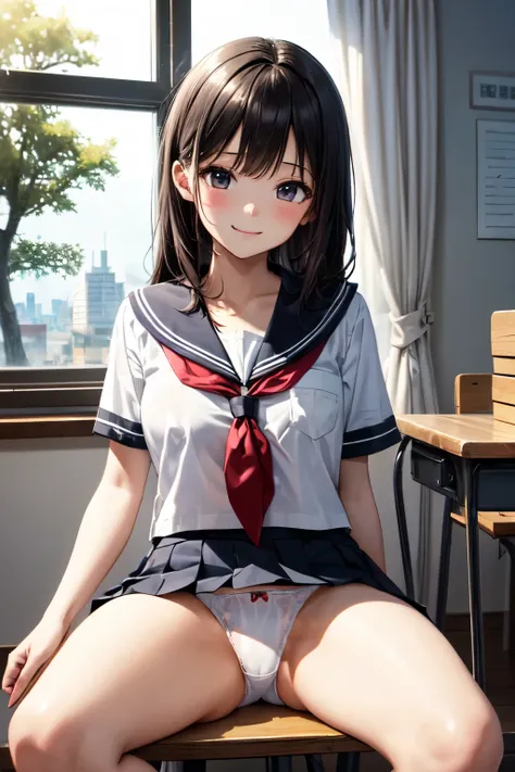 very cute and beautiful girl,(Very detailedな美しい顔),
(smile),blush,serafuku,Pleated navy blue mini skirt,
Black Hair,Sitting,(Spread your legs,White panties),
Wooden classroom,window,Distant Tree々and the city,
(highest quality,masterpiece:1.2),Absurd,High re...