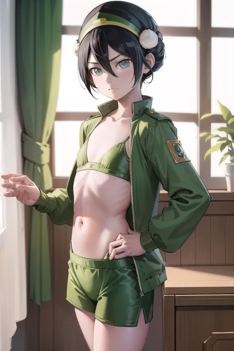 absurdres, highres, ultra detailed, toph beifong , disappointed  face , solo , gren jacket, open clothes,  bra , flat chest  ,shorts , looking at viewer , bedroom . 