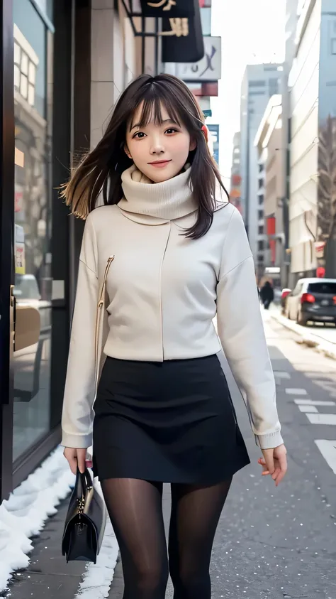 (Cute Japanese girl), Sexy 18 year old girl, (slender thighs), (((office suits))), (tights), ((city street)), (walking), ((winter morning)), 