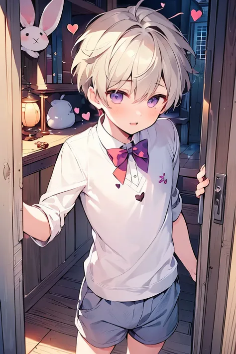 ((1-boy :1.5)),((Cute guy:1.5)),((gay:1.5)),Rabbit motif,((wonderland)),((pastel color)),((Cute assortment)),Shiny beige hair,((Many heart:1.2)),(NSFW:1.0),((short pants:1.2)),( punch:1.0),