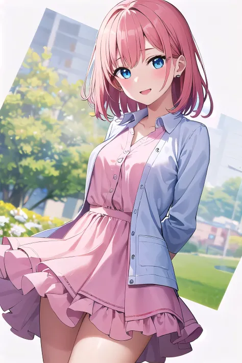 1girl,Samus aran,solo,blue eyes, pink hair, forehead hair, Pink frilly dress, light blue cardigan, white sneakers, half-up half-down hairstyle, natural makeup, pearl stud earrings, playful and charming expression, relaxed and confident posture, a sunny par...