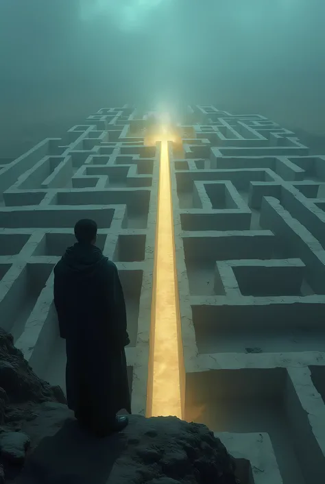 A person watching the maze from above and the illuminated path to the exit.