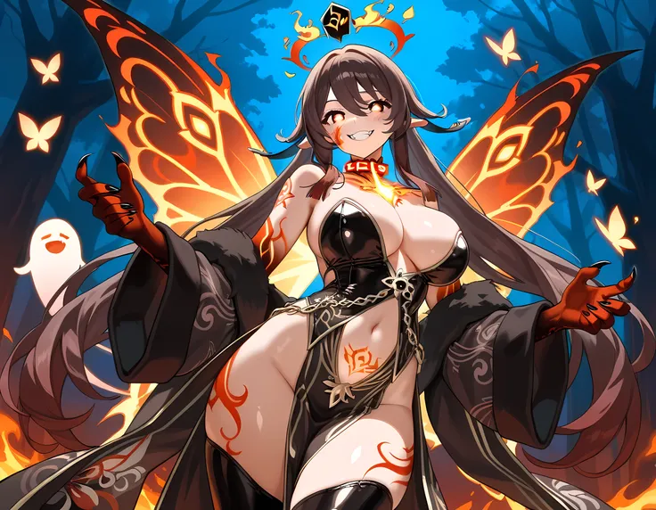 (masterpiece), best quality, expressive eyes, perfect face,1girl,hu tao,genshin impact,mature woman,big breasts,pointy ears,shiny skin,big breasts,glowing pupils,ghost,monster girl,(demon arms,demon claws,demon feet),butterfly wings,flaming wings,demon nai...