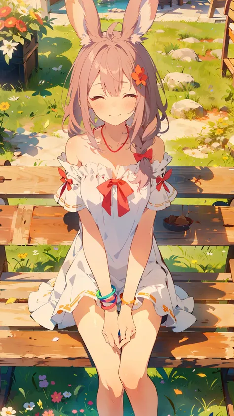 masterpiece,  top quality,  staring at the viewer ,
One girl from the Viera tribe is , Alone, smile,  sitting,  gradation shirt that Furakana has ,  shoulder cutout ,  braided ,  dress ,  Hair, ( closed eyes :1.1), twin  braided s, ,  long hair, bench,  gr...