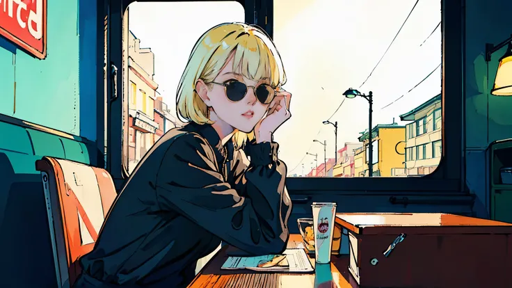 Beautiful  blond Asian girl sitting in a diner at night, visible from the window, perfect face, white Taylormade , neon black, (with backlight: 1.1), hard shadow, masterpiece, highest quality, Complex, model shooting style, vintage, film grain, incomplete ...