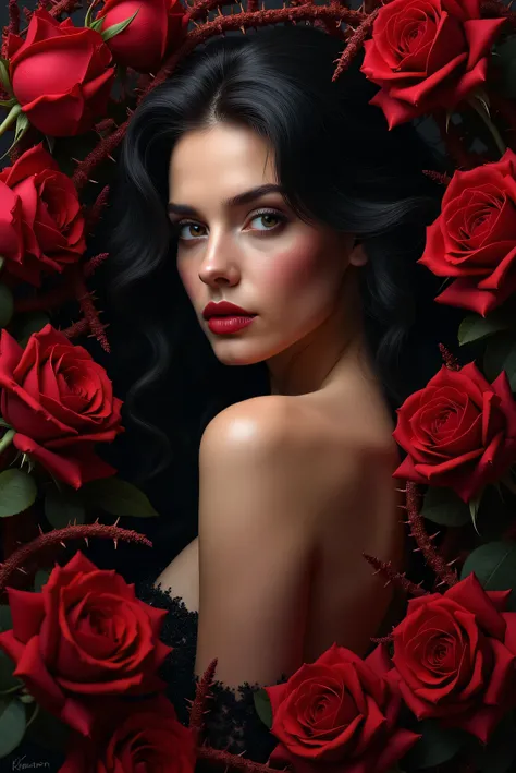  book cover ,  a seductive woman who gives off an air of mystery, Around the cover I want red roses  