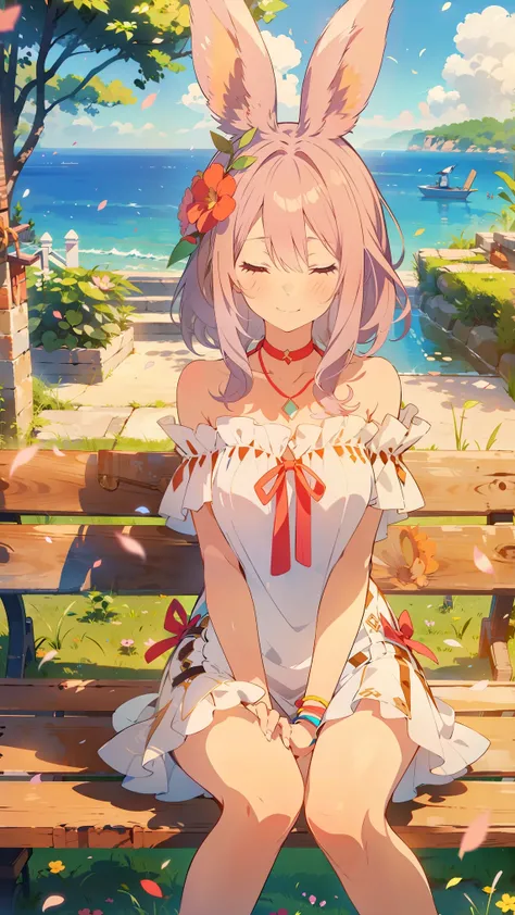 masterpiece,  top quality,  staring at the viewer ,
One girl from the Viera tribe is , Alone, smile,  sitting,  gradation shirt that Furakana has ,  shoulder cutout ,  braided ,  dress ,  Hair, ( closed eyes :1.1), , (The left and right ears are hidden by ...