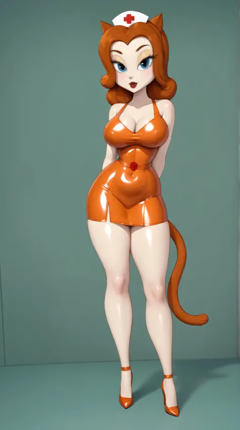 sexy kitty, cat ears, nurse, in thick curved thighs in short orange tight latex short thighs tank dress, standing, body posing, thick thighs, halfsleeve, big breasts, cleavage, arms behind back, 
