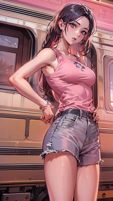 masterpiece,  top quality,  illustration of a train,  Super Detail,  fine detail,  high resolution,  8k wallpaper,  perfect dynamic composition,  beautiful detailed eyes,   Natural Lips,  pink tank top ,  big breasted with a cross eye, Chest,  full body, R...