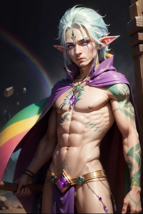 
    male elf with rainbow eyes  , dressed in a rainbow cape ,   holding a rainbow wooden stick with a purple amethyst embedded in it and tribal rainbow tattoos on her body