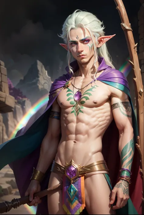 
    male elf with rainbow eyes  , dressed in a rainbow cape ,   holding a rainbow wooden stick with a purple amethyst embedded in it and tribal rainbow tattoos on her body