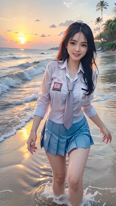 20 yo Indonesian girls in school uniforms playing in the water, at the beach, sunset, twilight hour, magic hour, wet sand, waves, long sleeves, 2 girls, (cardigan), ((loose tie)), ((pleated skirt)), closeup fantasy with water magic, beautiful maidens, play...