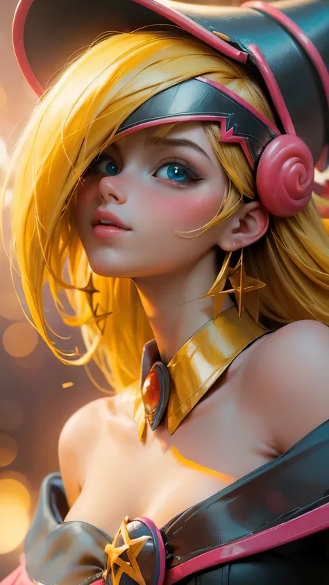 Beautiful face of dark magician gils, blue eyes. pink lips. Long blonde hair. exposed shoulders, angelic smile, beautiful well detailed face of dark magician gils. blowing a kiss. sexy kiss