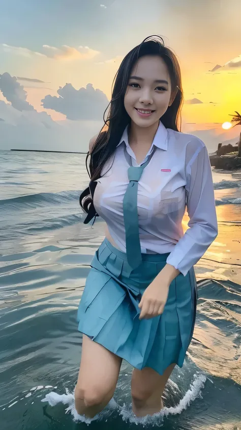 20 yo Indonesian girls in school uniforms playing in the water, at the beach, sunset, twilight hour, magic hour, wet sand, waves, long sleeves, 2 girls, (cardigan), ((loose tie)), ((pleated skirt)), closeup fantasy with water magic, beautiful maidens, play...