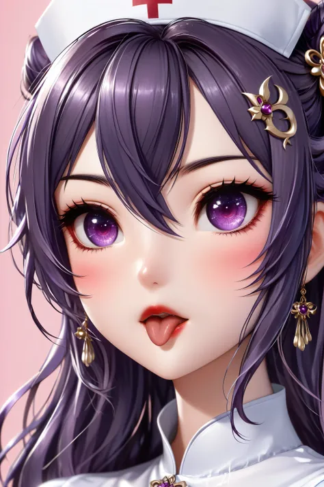 1 very young japanese girl, keqing from genshin impact, purple hair, purple eyes, length hair, blushing, Shy, Red lips, pale face, close up shot, Sweet, big breasts, best quality, ((masterpiece)), (detailed), vintage, elegant, chic, sophisticated, big expr...