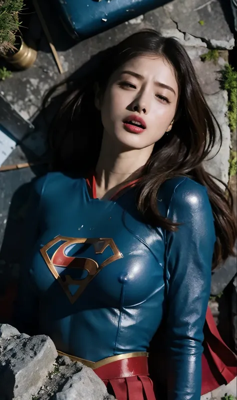  supergirl, nsfw,  with both hands down,  is lying on his back on the ground, Killed by a strong enemy ,  Clothes are torn and breasts and nipples are visible ,  Red skirt is torn and blue leotards are visible, A shiny costume, torn clothes, Zutaboro,  tat...