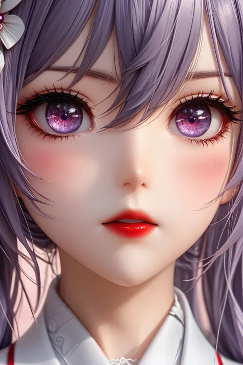 1 very young japanese girl, keqing from genshin impact, purple hair, purple eyes, length hair, blushing, Shy, Red lips, pale face, close up shot, Sweet, big breasts, best quality, ((masterpiece)), (detailed), vintage, elegant, chic, sophisticated, big expr...