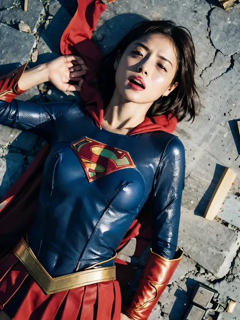  supergirl, nsfw,  with both hands down,  is lying on his back on the ground, Killed by a strong enemy ,  Clothes are torn and breasts and nipples are visible ,  Red skirt is torn and blue leotards are visible, A shiny costume, torn clothes, Zutaboro,  tat...