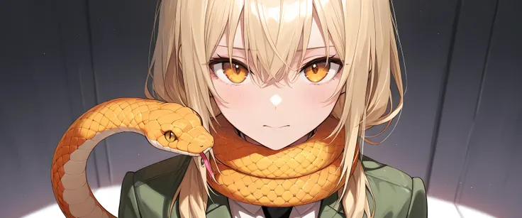 ((best quality)), ((masterpiece)), (detailed), perfect face, with orange snake, girl, blonde hair, orange snake around neck
