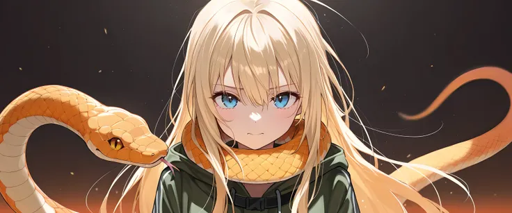 ((best quality)), ((masterpiece)), (detailed), perfect face, with orange snake, girl, blonde hair, orange snake around neck
