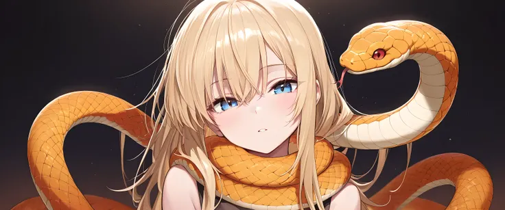 ((best quality)), ((masterpiece)), (detailed), perfect face, with orange snake, girl, blonde hair, orange snake around neck
